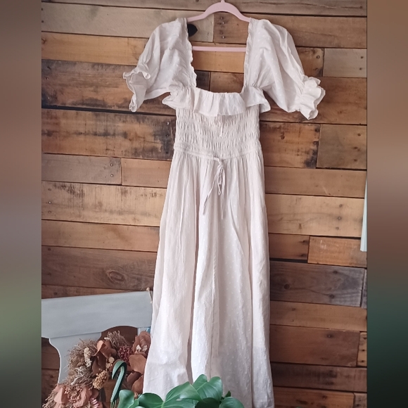 R.vivimos Dresses & Skirts - Smocked Cream Maxi Dress with Puff Sleeves